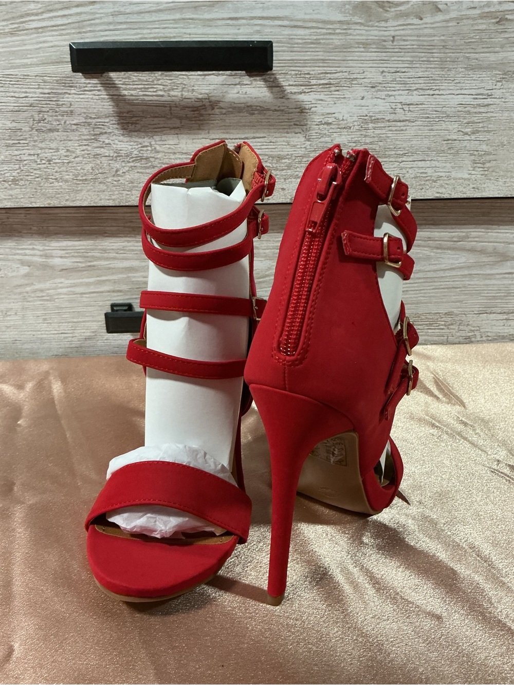 Women's Red Strappy Stiletto Heels with Buckle Accents
